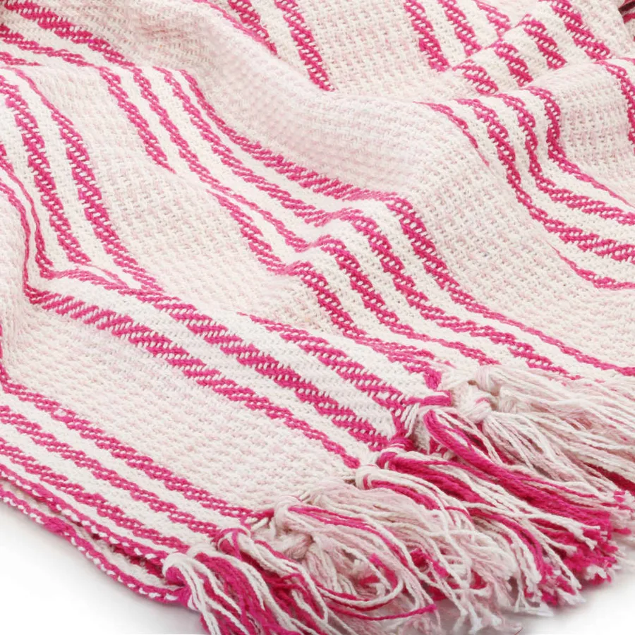 Couverture coton à rayures 125x150 cm Rose et Blanc - 5