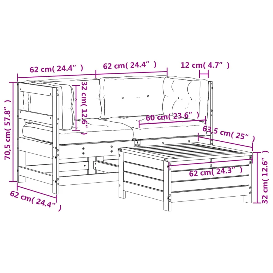 Salon de jardin 3 pcs avec coussins bois de pin imprégné - 9