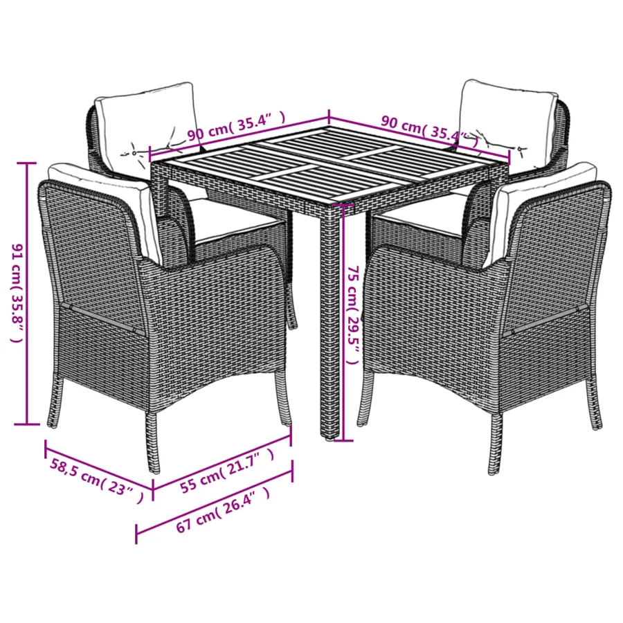 Ensemble à manger de jardin 5 pcs coussins gris résine tressée - 7