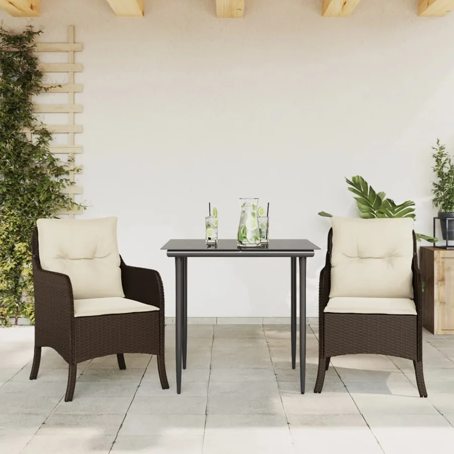 Ensemble à manger de jardin 3 pcs et coussins marron poly rotin