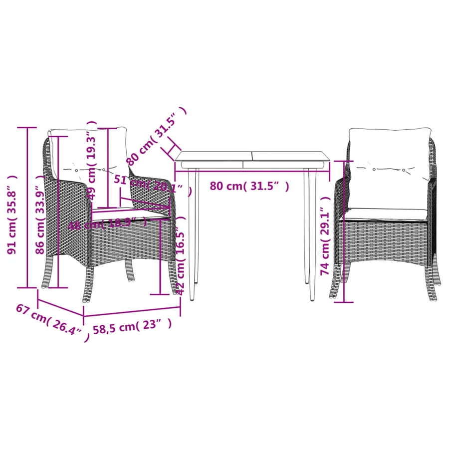 Ensemble à manger de jardin 3 pcs et coussins marron poly rotin - 7