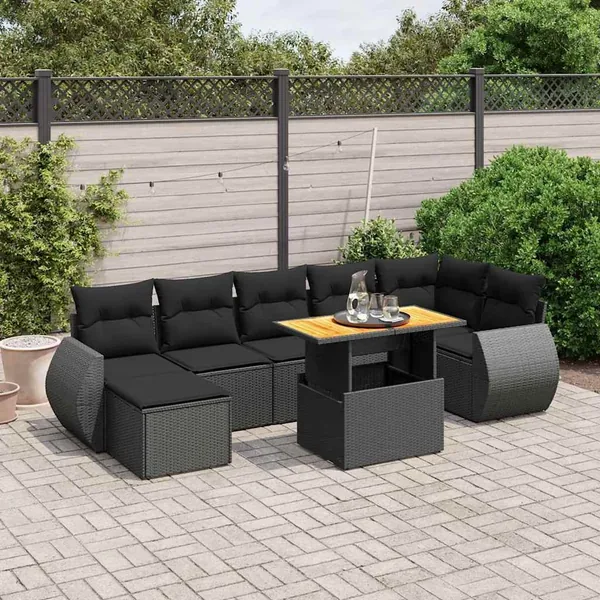 Salon de jardin 8 pcs avec coussins noir résine tressée