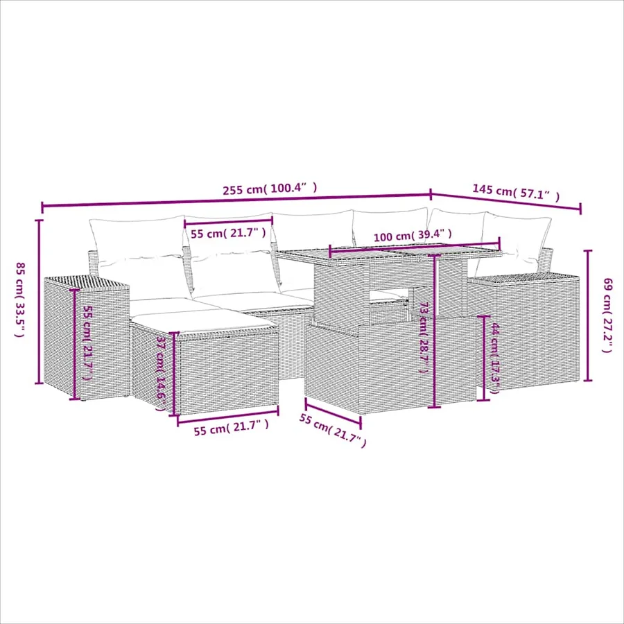 Salon de jardin 7 pcs avec coussins noir résine tressée 55 x 62 x 69 cm - 66,2 kg - 4