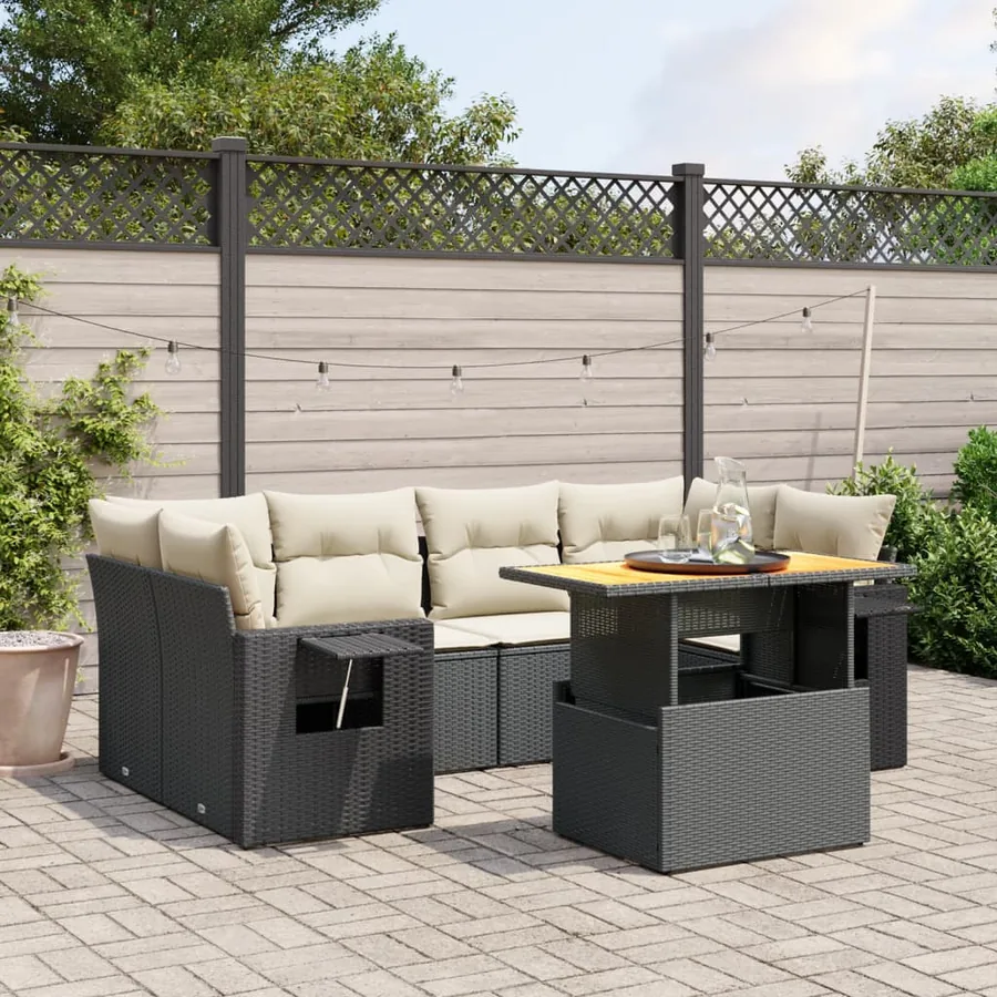 Salon de jardin 7 pcs avec coussins noir résine tressée 62 x 62 x 69 cm - 65,9 kg