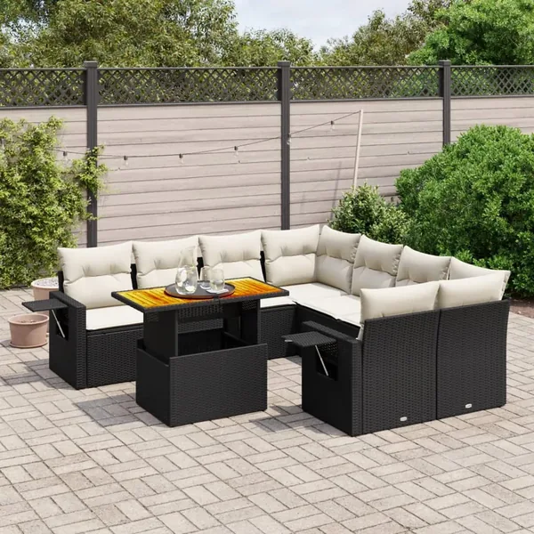 Salon de jardin 9 pcs avec coussins noir résine tressée