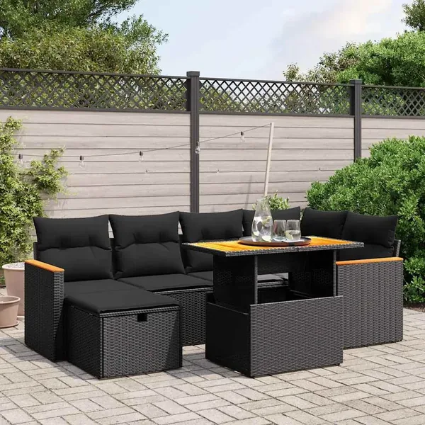 Salon de jardin 7 pcs avec coussins noir résine tressée 55 x 62 x 69 cm - 63,4 kg