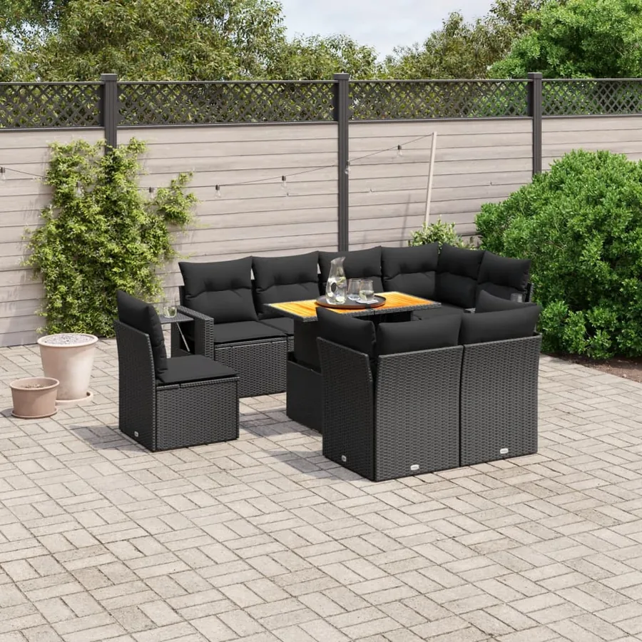 Salon de jardin 9 pcs avec coussins noir résine tressée