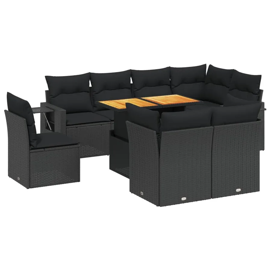 Salon de jardin 9 pcs avec coussins noir résine tressée - 2