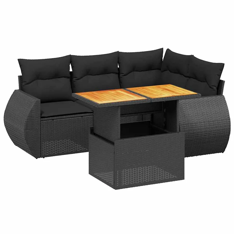 Salon de jardin 5 pcs avec coussins noir résine tressée - 2
