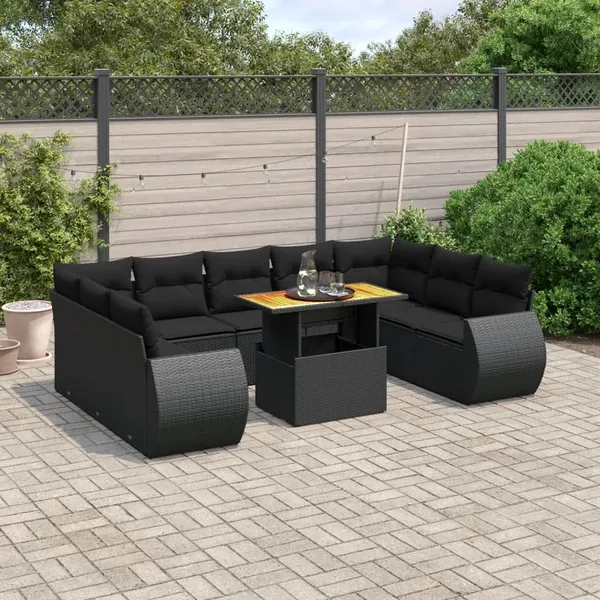 Salon de jardin 10 pcs avec coussins noir résine tressée