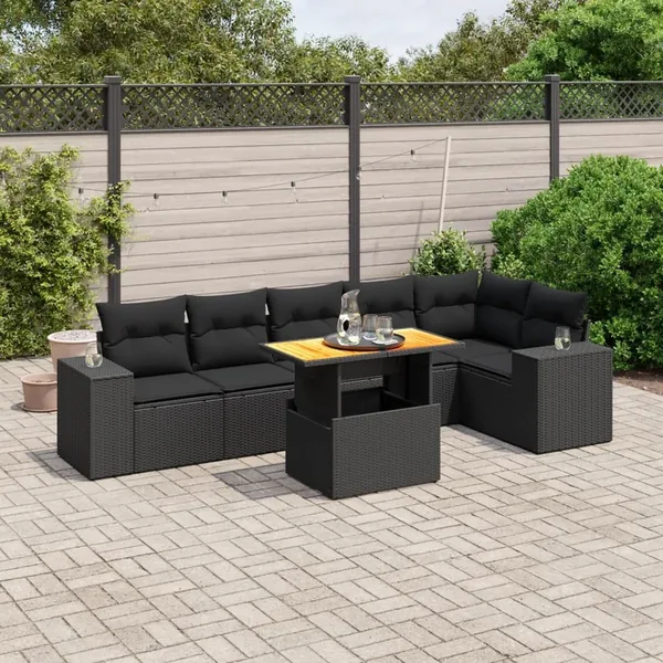 Salon de jardin 7 pcs avec coussins noir résine tressée 62 x 62 x 69 cm - 64,7 kg