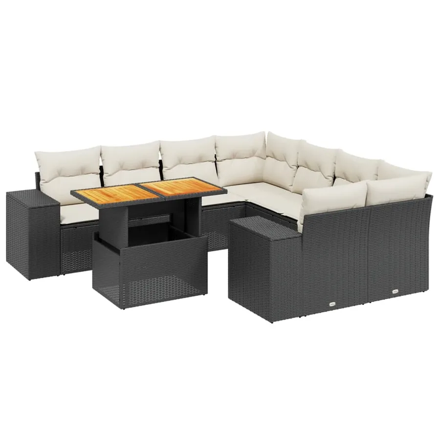 Salon de jardin 9 pcs avec coussins noir résine tressée - 2
