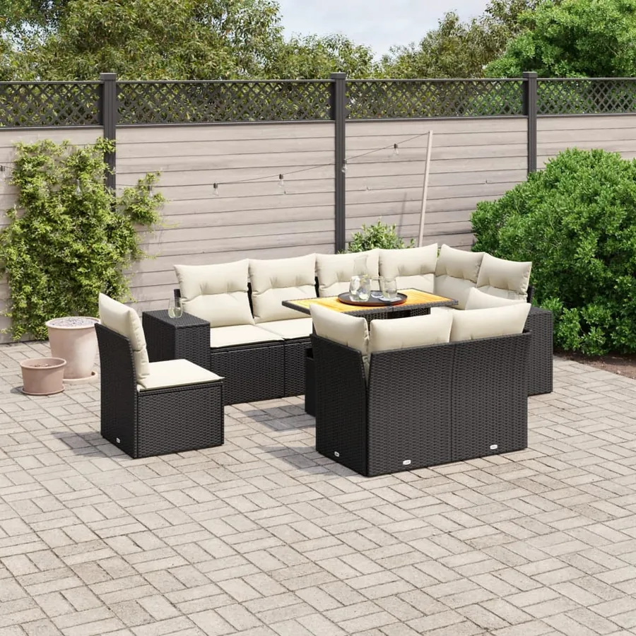 Salon de jardin 9 pcs avec coussins noir résine tressée