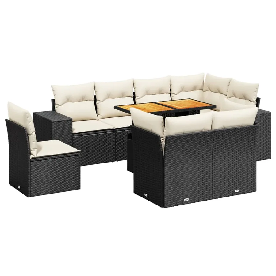 Salon de jardin 9 pcs avec coussins noir résine tressée - 2