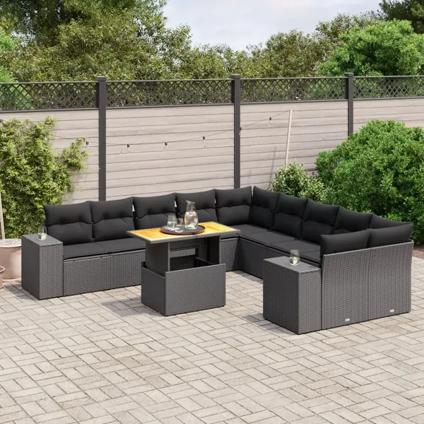 Salon de jardin 11 pcs avec coussins noir résine tressée