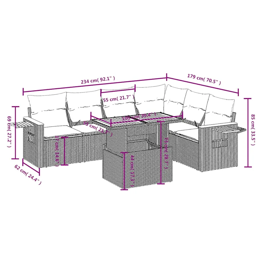 Salon de jardin 7 pcs avec coussins noir résine tressée 55 x 62 x 69 cm - 63,9 kg - 3