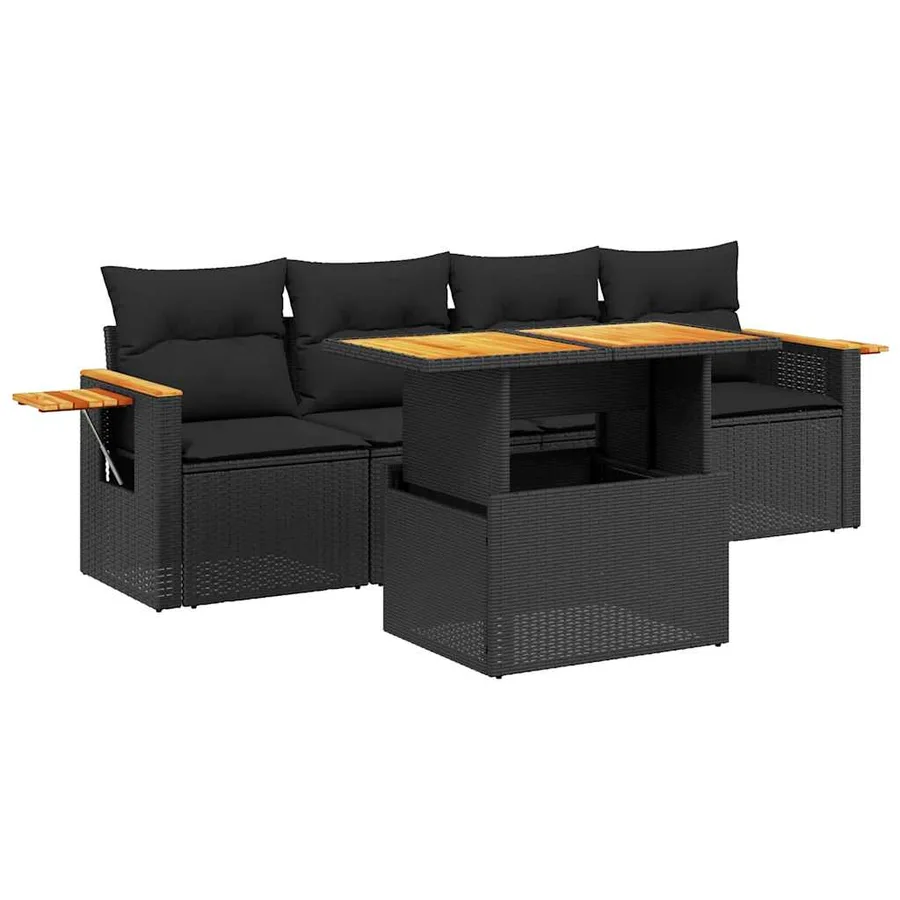 Salon de jardin 5 pcs avec coussins noir résine tressée - 2