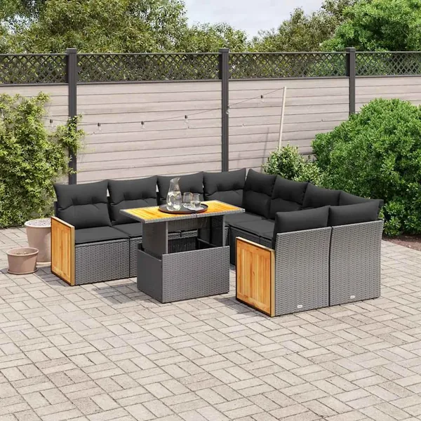 Salon de jardin 9 pcs avec coussins noir résine tressée