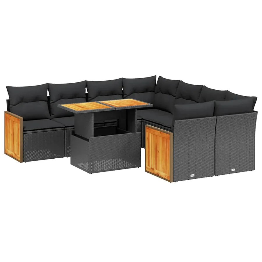 Salon de jardin 9 pcs avec coussins noir résine tressée - 2