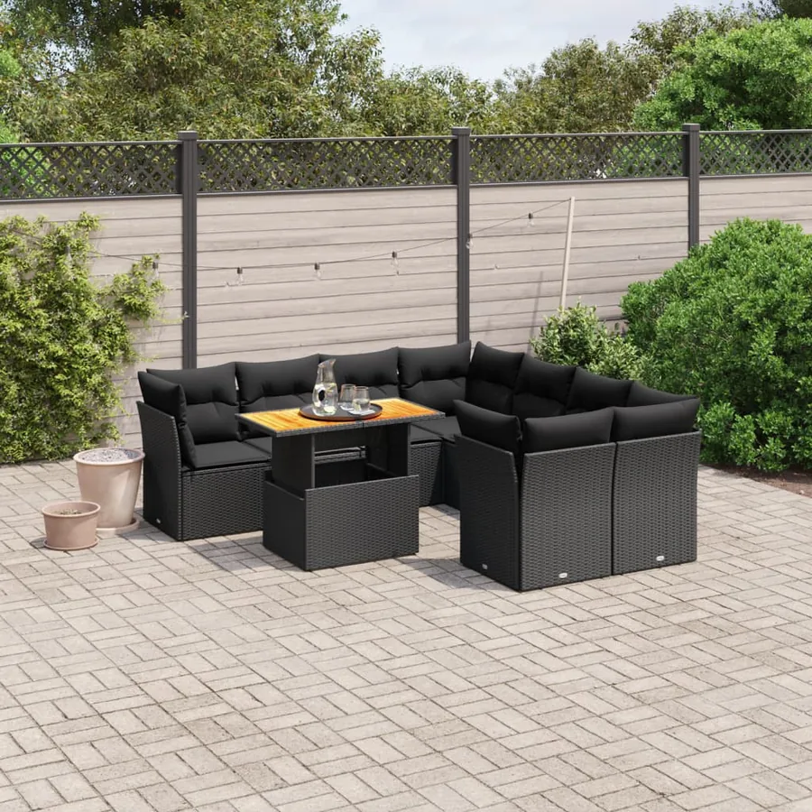 Salon de jardin 9 pcs avec coussins noir résine tressée