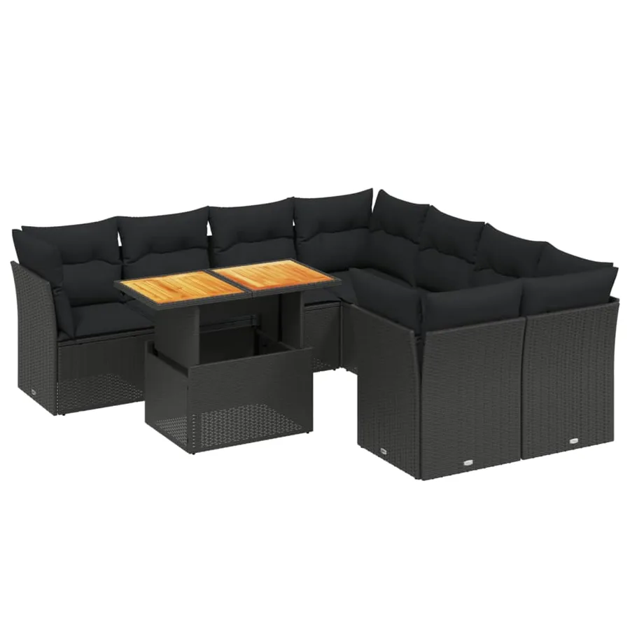 Salon de jardin 9 pcs avec coussins noir résine tressée - 2