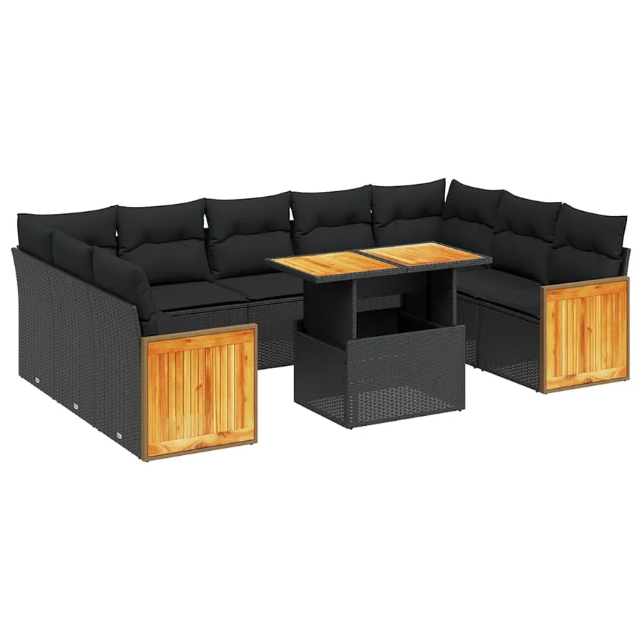 Salon de jardin 10 pcs avec coussins noir résine tressée - 2