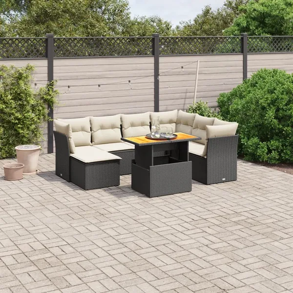 Salon de jardin 8 pcs avec coussins noir résine tressée