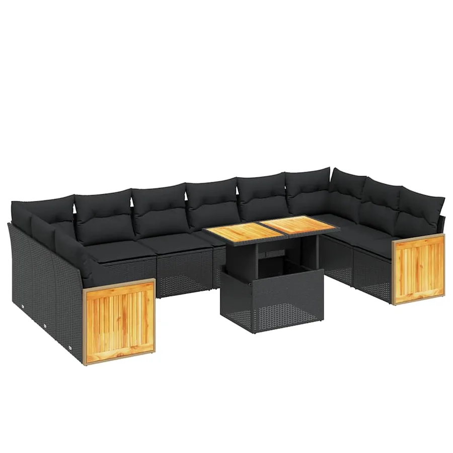 Salon de jardin 11 pcs avec coussins noir résine tressée - 2
