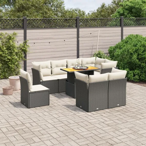 Salon de jardin 9 pcs avec coussins noir résine tressée