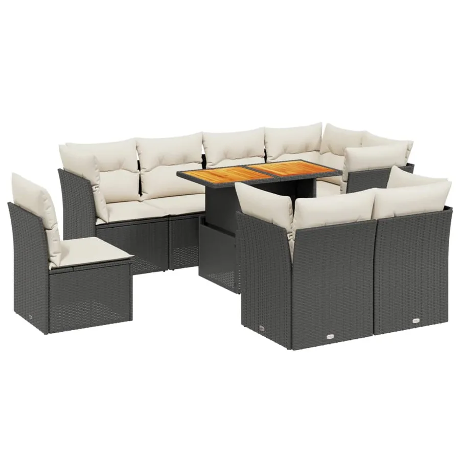 Salon de jardin 9 pcs avec coussins noir résine tressée - 2