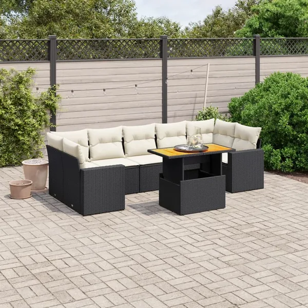 Salon de jardin 8 pcs avec coussins noir résine tressée