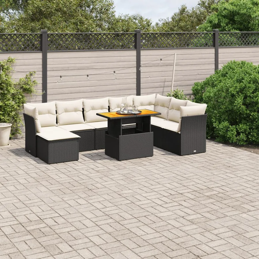 Salon de jardin 9 pcs avec coussins noir résine tressée