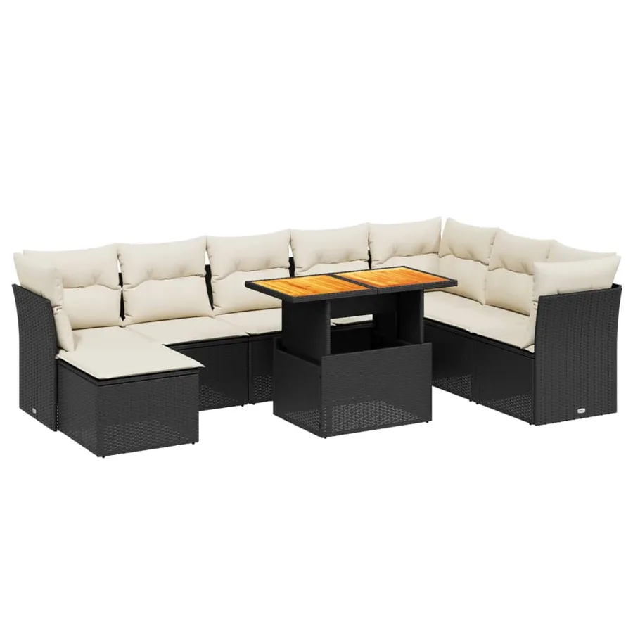 Salon de jardin 9 pcs avec coussins noir résine tressée - 2