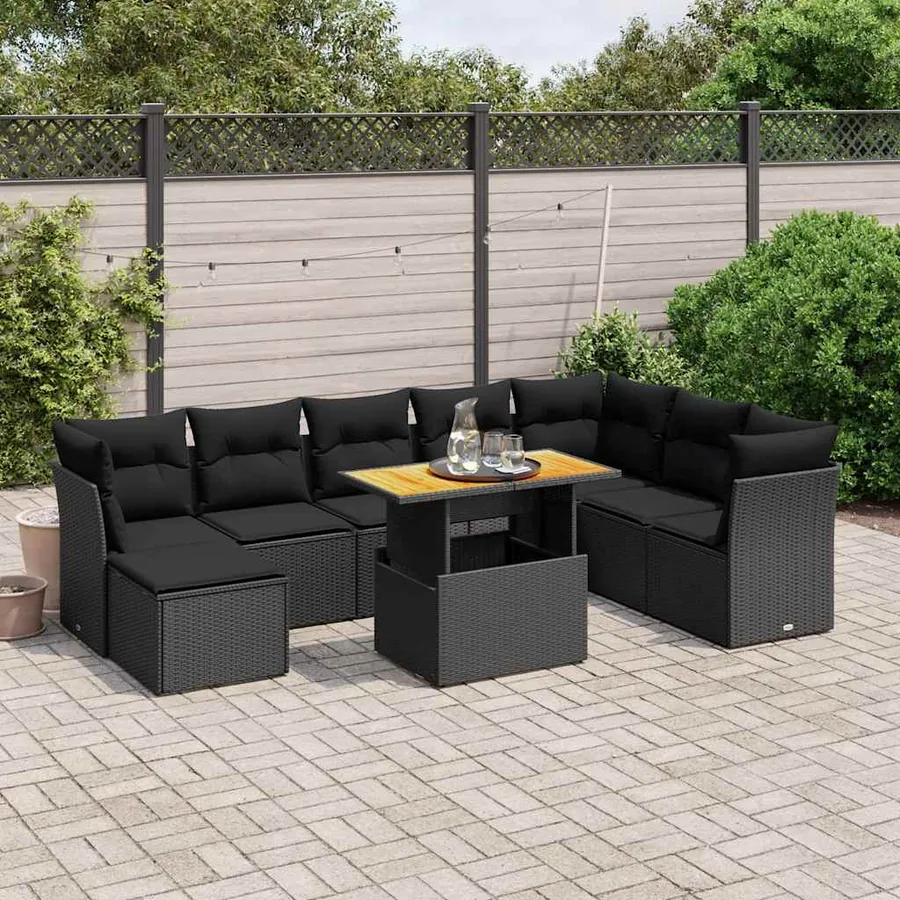 Salon de jardin 9 pcs avec coussins noir résine tressée