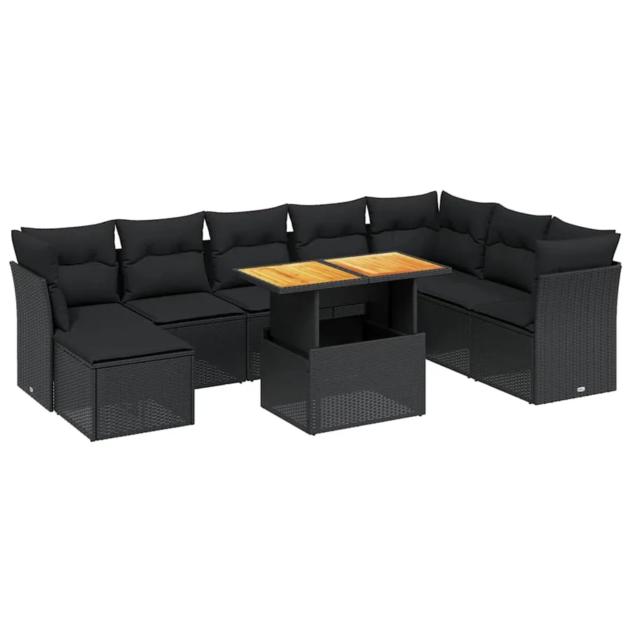 Salon de jardin 9 pcs avec coussins noir résine tressée - 2