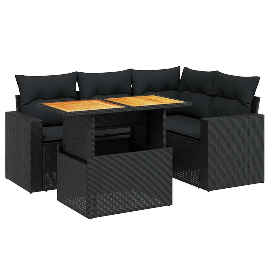 Salon de jardin 5 pcs avec coussins noir résine tressée - 2