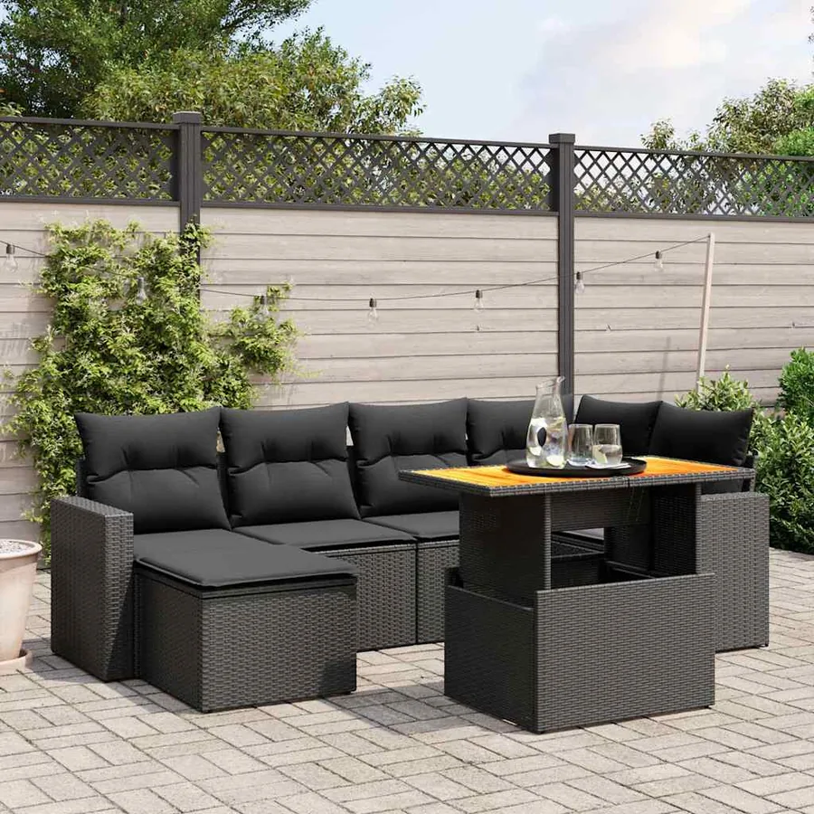 Salon de jardin 7 pcs avec coussins noir résine tressée 62 x 62 x 69 cm - 62,0 kg