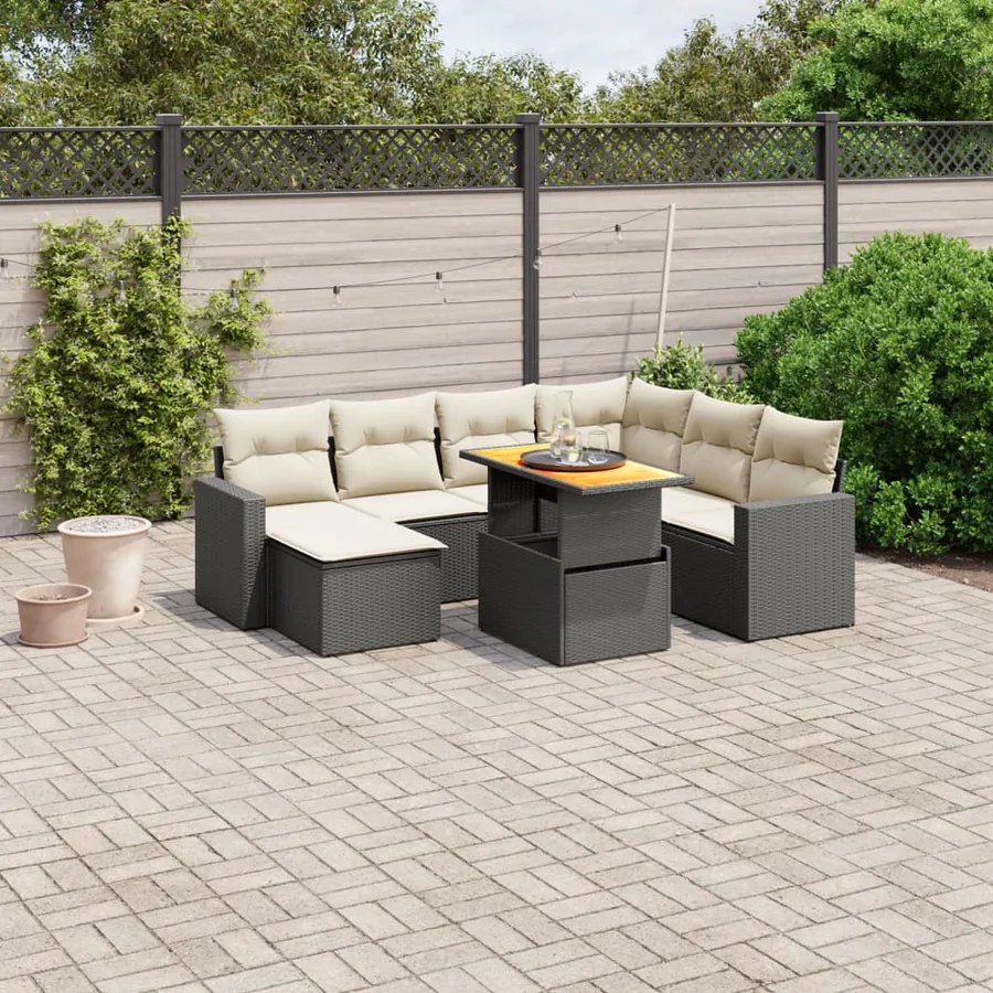 Salon de jardin 8 pcs avec coussins noir résine tressée