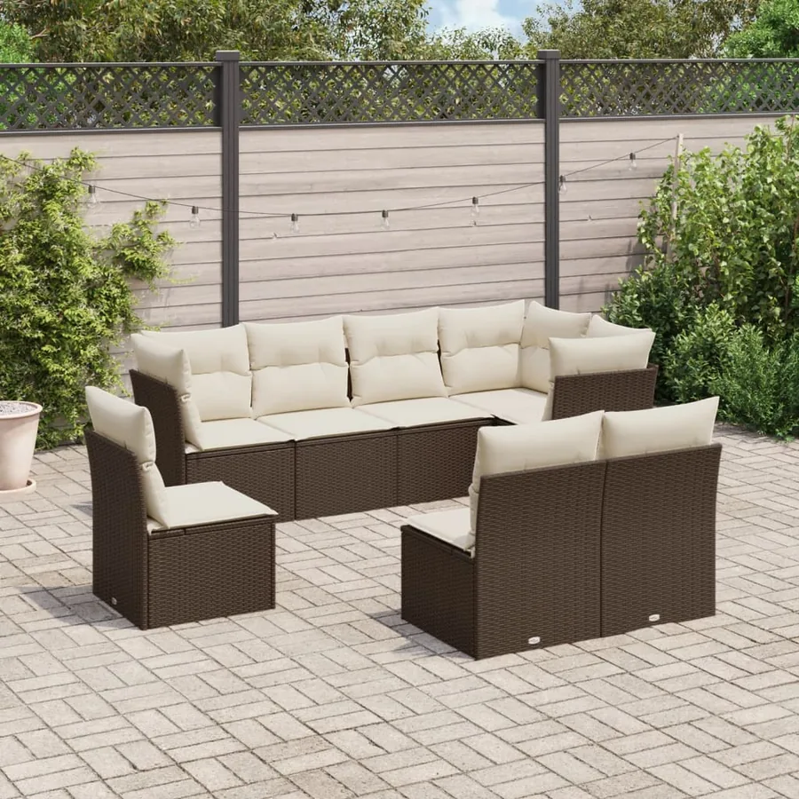 Salon de jardin 8 pcs avec coussins marron résine tressée