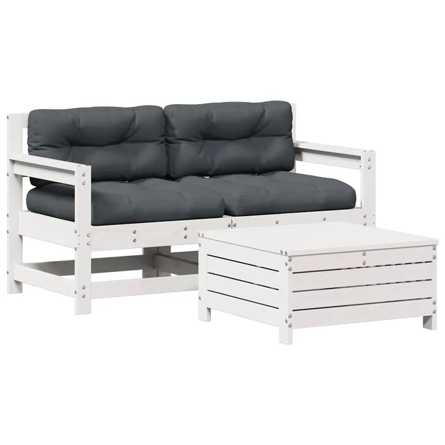 Salon de jardin 3 pcs avec coussins blanc bois de pin massif - 2