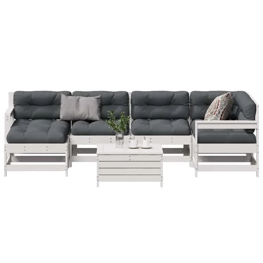 Salon de jardin 7 pcs avec coussins blanc bois de pin massif