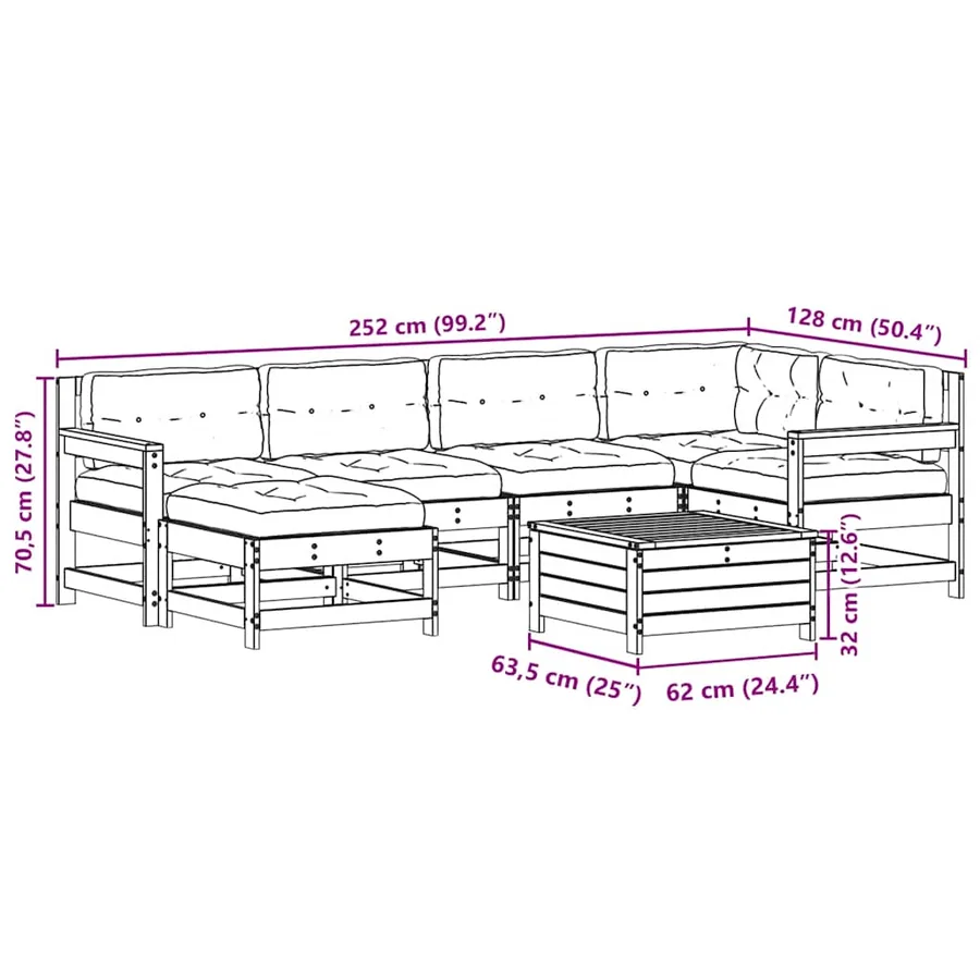 Salon de jardin 7 pcs avec coussins blanc bois de pin massif - 11
