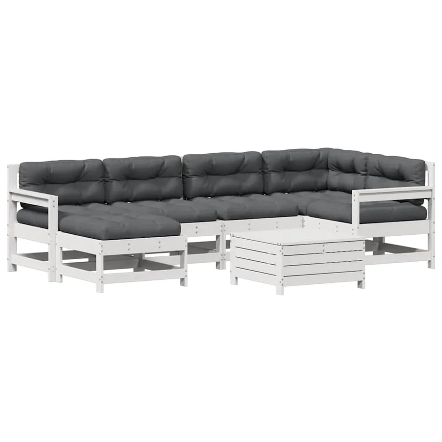 Salon de jardin 7 pcs avec coussins blanc bois de pin massif - 2