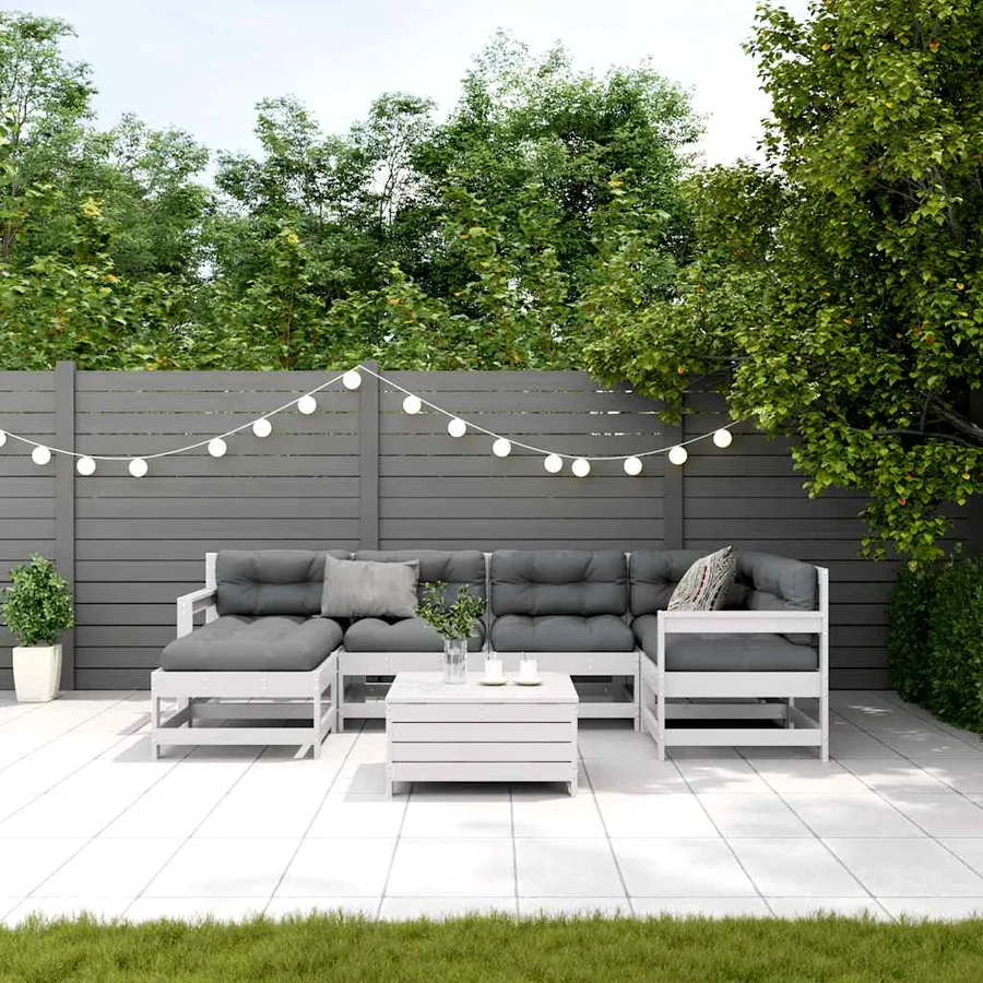 Salon de jardin 7 pcs avec coussins blanc bois de pin massif - 3