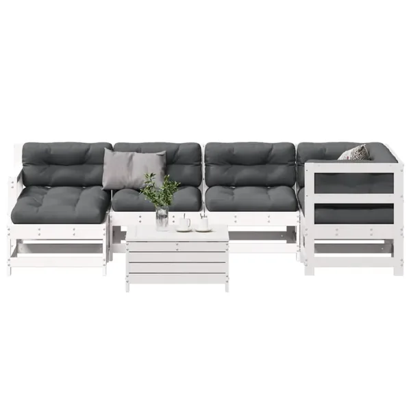 Salon de jardin 7 pcs avec coussins blanc bois de pin massif