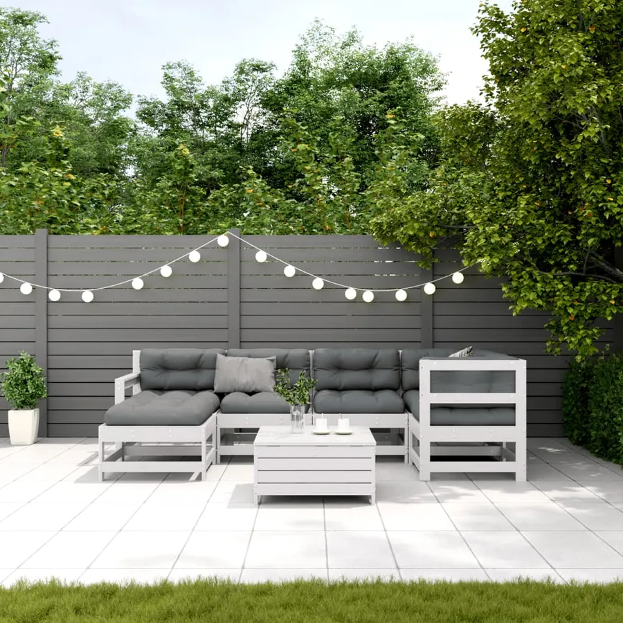 Salon de jardin 7 pcs avec coussins blanc bois de pin massif - 3