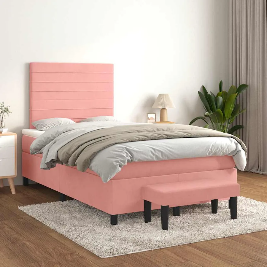 Sommier à lattes de lit avec matelas rose 120x190 cm velours - 3