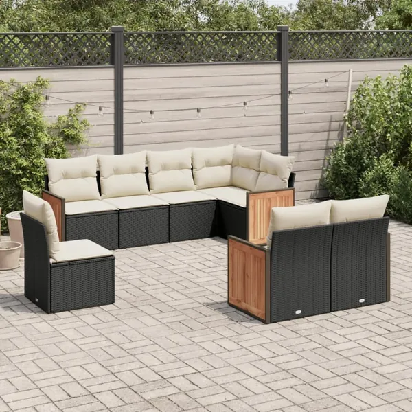 Salon de jardin 8 pcs avec coussins noir résine tressée