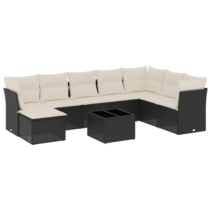 Salon de jardin 9 pcs avec coussins noir résine tressée - 2