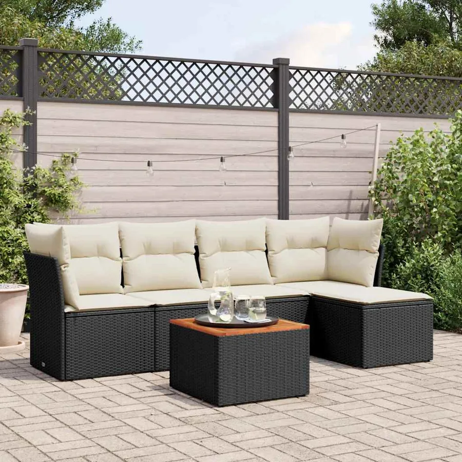 Salon de jardin 6 pcs avec coussins noir résine tressée